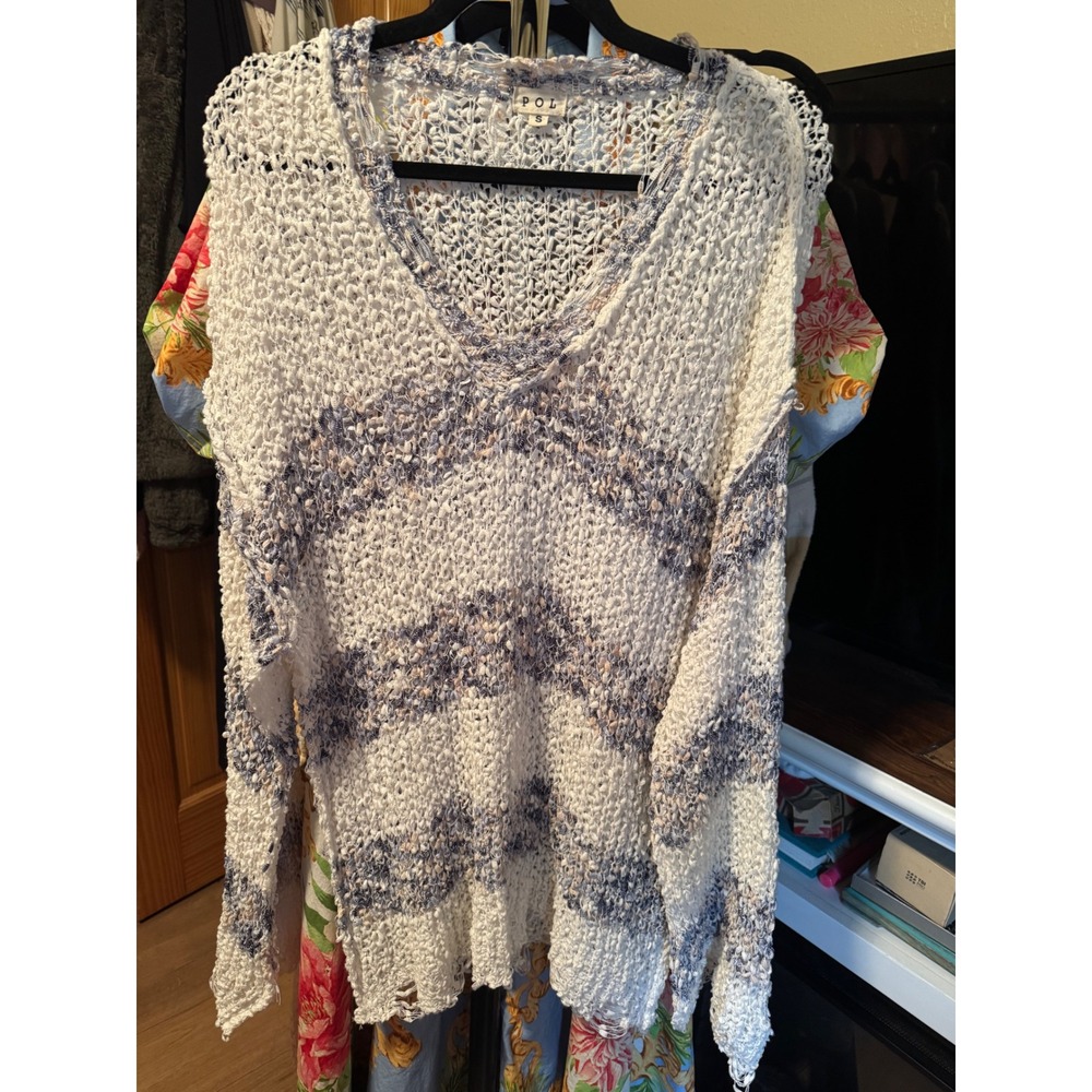 POL Clothing Striped Open Knit V-Neck Distressed Sweater White Blue Purple S